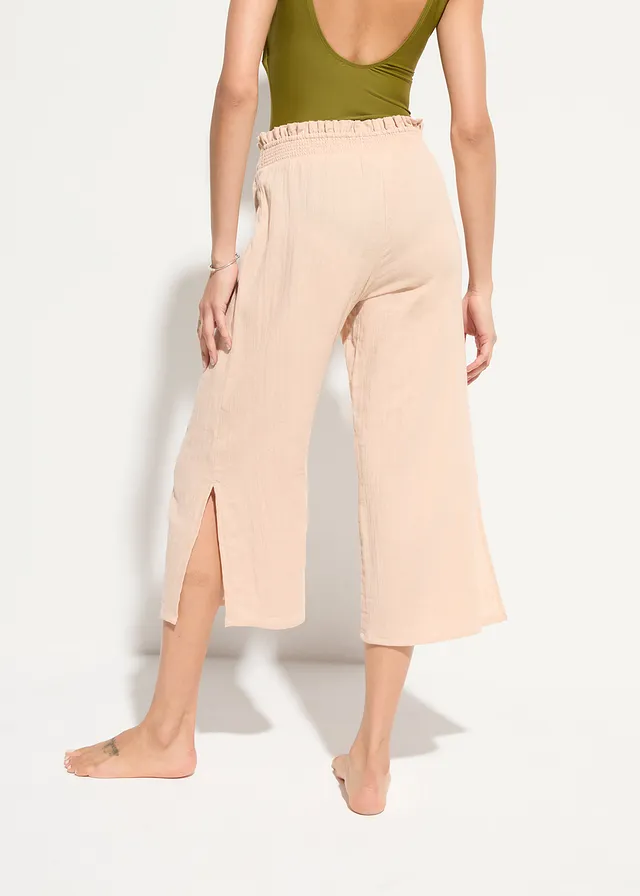 Pantalon de plage en gaze de coton, longueur 3/4, Couleur: beige craie
