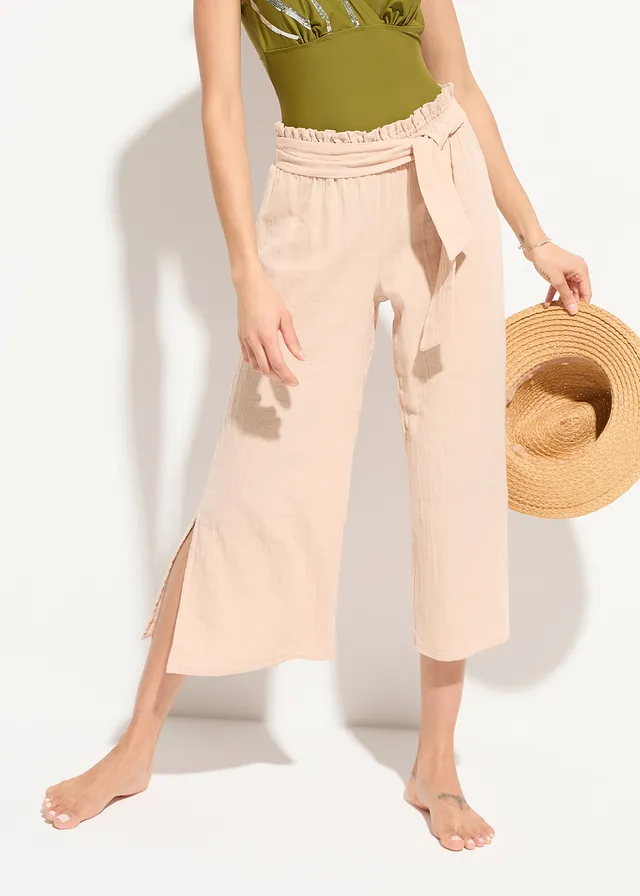 Pantalon de plage en gaze de coton, longueur 3/4, Couleur: beige craie