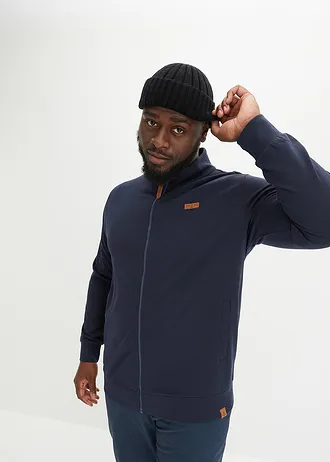 Mikina na zapínání se stojáčkem a s detaily z imitace kůže, barva: tmavě modrá