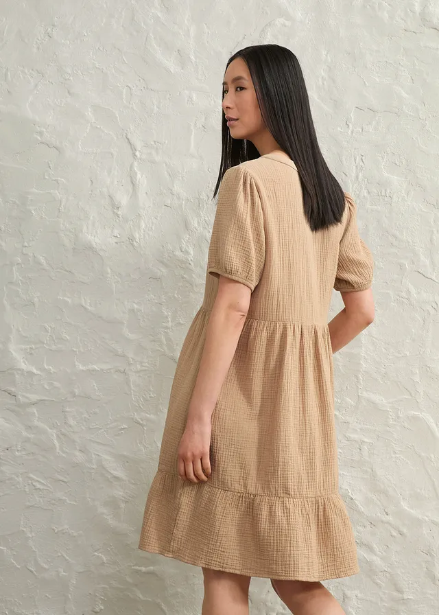 Oversized katoenen jurk van mousseline, Kleur: lichtkaki
