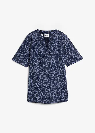 Blouse longue 100% coton, Couleur: bleu foncé/bleu nacré floral