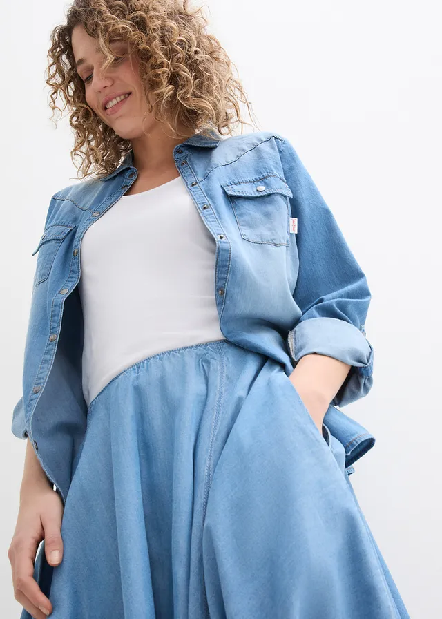 Jupe en jean, taille haute et élastiquée • bleu clair denim • product-page.page-title-suffix