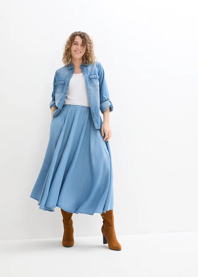 High waist spijkerrok van biologisch katoen met comfortband, Kleur: lichtblauw denim
