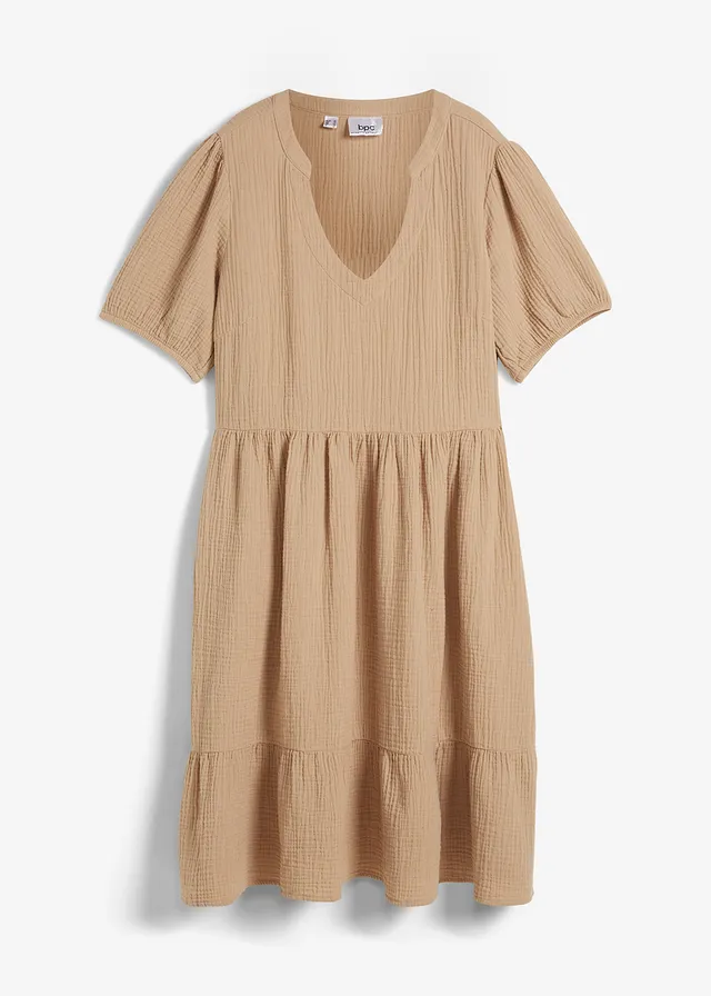 Oversized katoenen jurk van mousseline, Kleur: lichtkaki