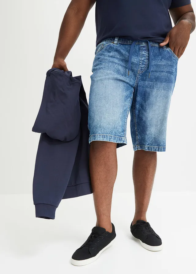 Bermuda taille élastiquée en denim léger, slim, Couleur: bleu denim