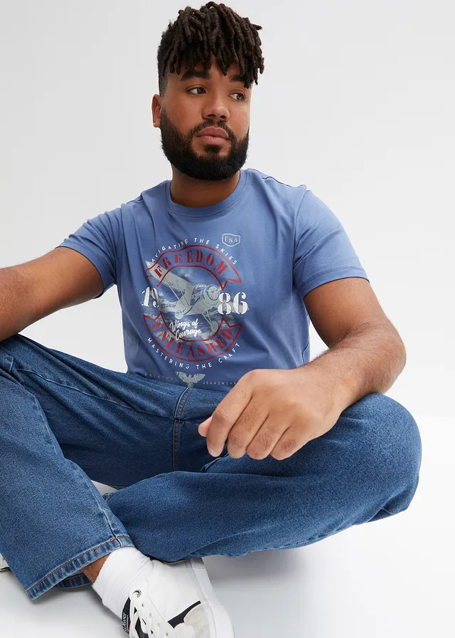 T-shirt van biologisch katoen • jeansblauw-chilirood-zilvergrijs-wolwit • bonprix online shop