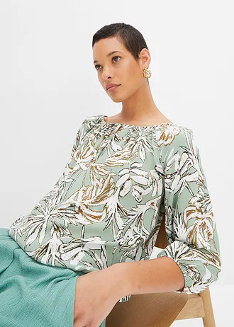 Tuniková halenka s potiskem, ze splývavé viskózy • mátově zelená s květy • bonprix obchod