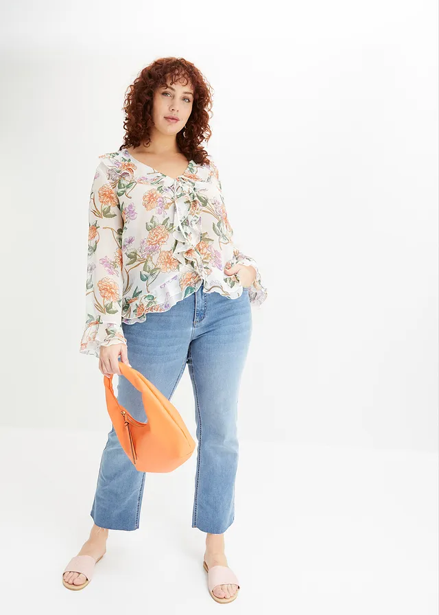 Blouse en mousseline à volants, Couleur: blanc floral