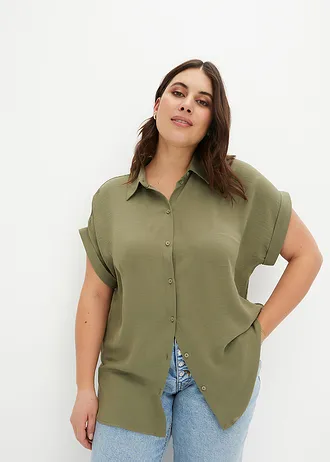 Chemisier manches courtes avec polyester recyclé, Couleur: olive