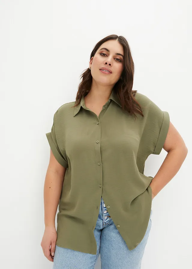 Chemisier manches courtes avec polyester recyclé, Couleur: olive