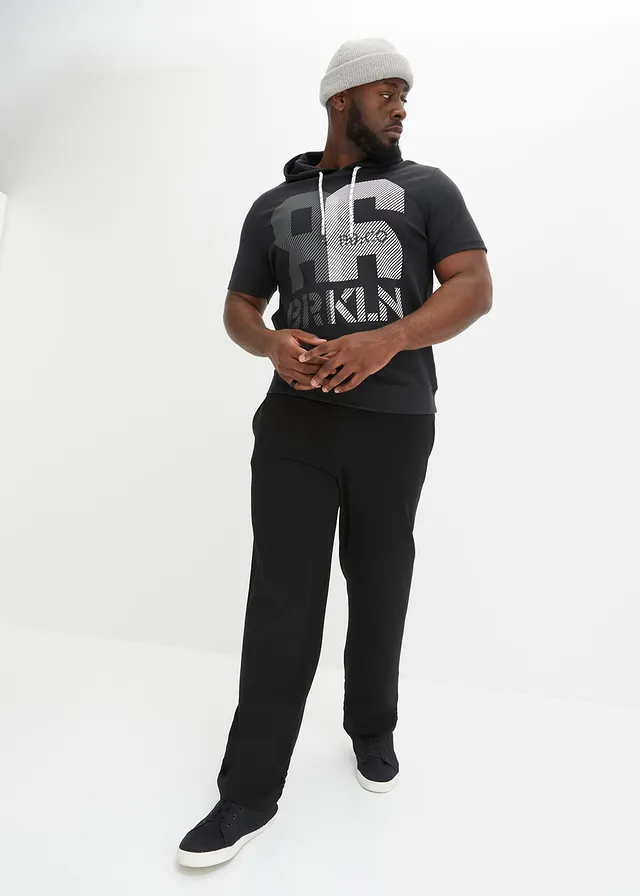 Chino extensible à taille élastiquée, droit et ample, Couleur: noir