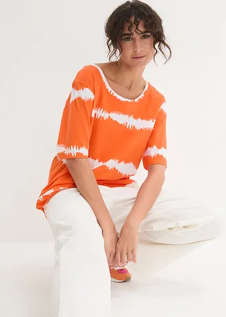 Batik shirt van biologisch katoen, halflange mouw • warm oranje-wit gedessineerd • bonprix online shop