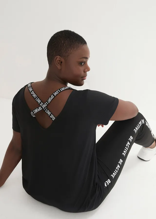 T-shirt long de sport avec décolleté dos, Couleur: noir