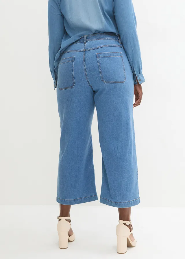 Wide leg mid waist jeans, cropped, Kleur: lichtblauw denim