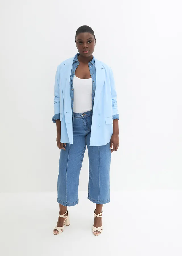 Wide leg mid waist jeans, cropped, Kleur: lichtblauw denim