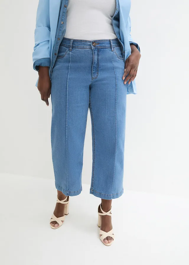 Wide leg mid waist jeans, cropped, Kleur: lichtblauw denim