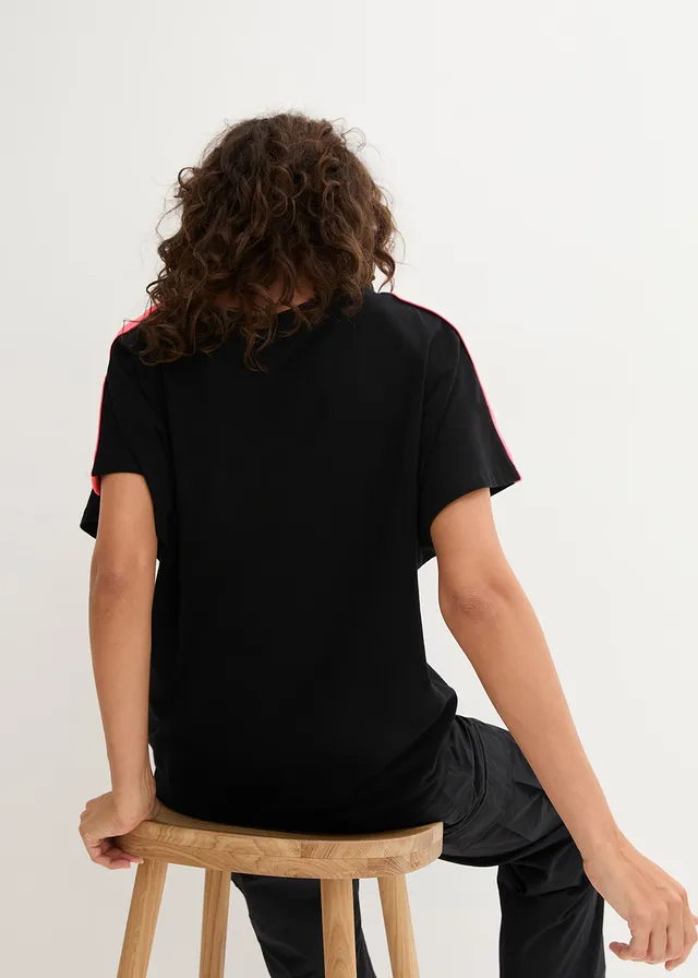 T-shirt 100% coton avec galon fluo, Couleur: noir