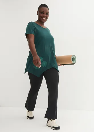 T-shirt de sport, manches courtes, Couleur: vert pétrole à fleurs