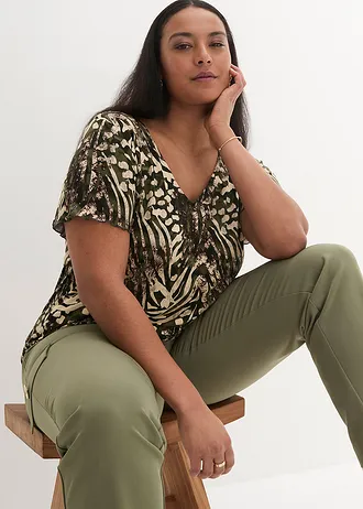 Shirt met breed elastiek, Kleur: taupe luipaardprint