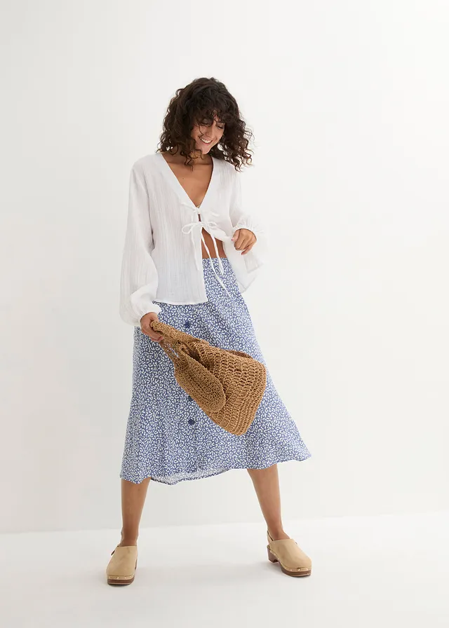 Jupe midi en viscose avec poches, Couleur: bleu jean/blanc