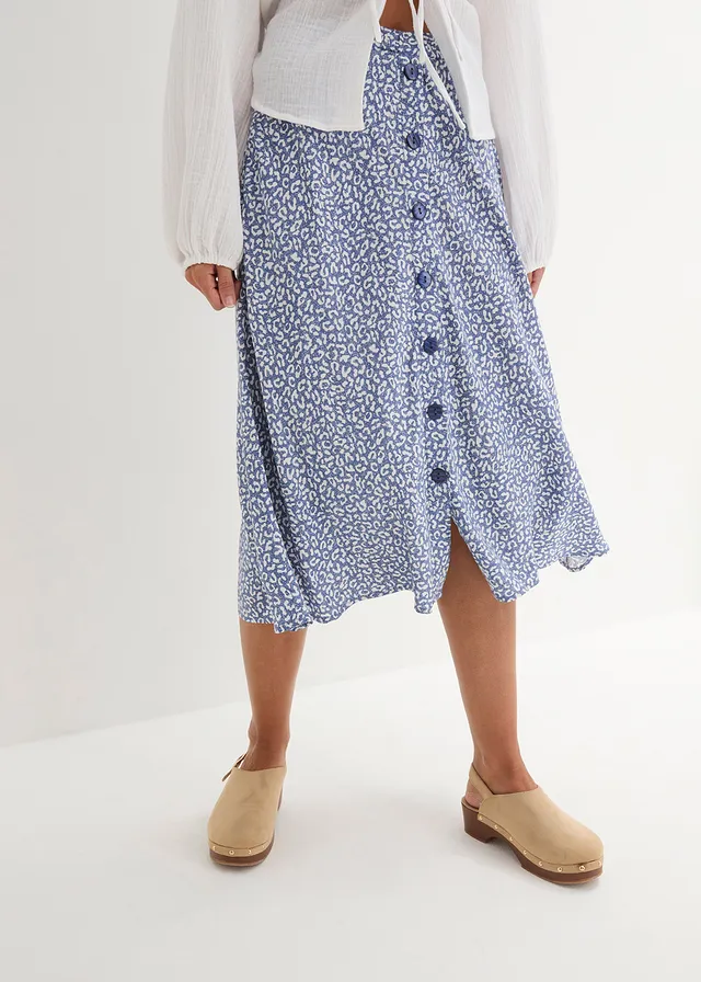 Viscose midi rok met zakken, Kleur: jeansblauw-wit
