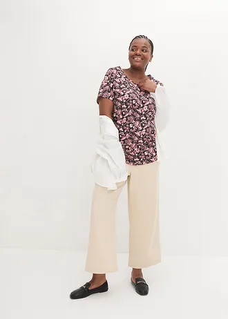 Losjes vallend slub shirt met afgeronde onderrand van biologisch katoen, Kleur: zwart-zacht roze gebloemd