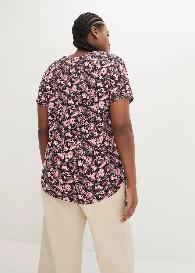 T-shirt coton décontracté en fil flammé à base arrondie, Couleur: noir/rose dragée à fleurs