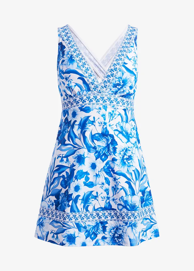Robe de bain à col en V, Couleur: blanc/bleu floral