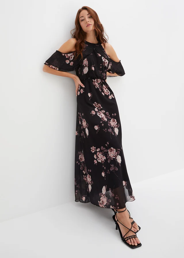 Robe longue en mesh, Couleur: noir floral