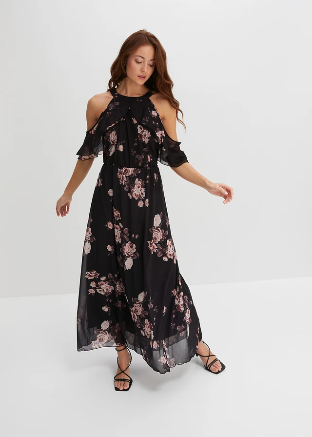 Robe longue en mesh, Couleur: noir floral