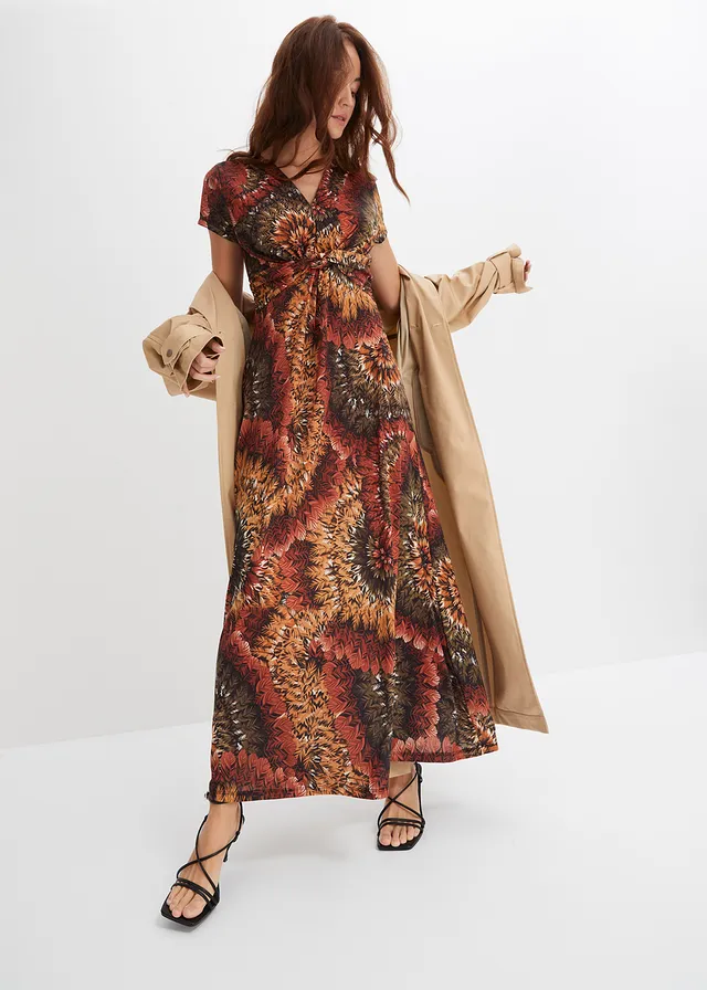 Robe longue en jersey imprimé, Couleur: marron/olive imprimé