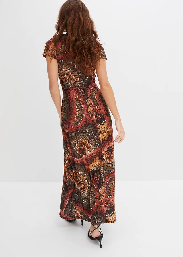 Robe longue en jersey imprimé, Couleur: marron/olive imprimé