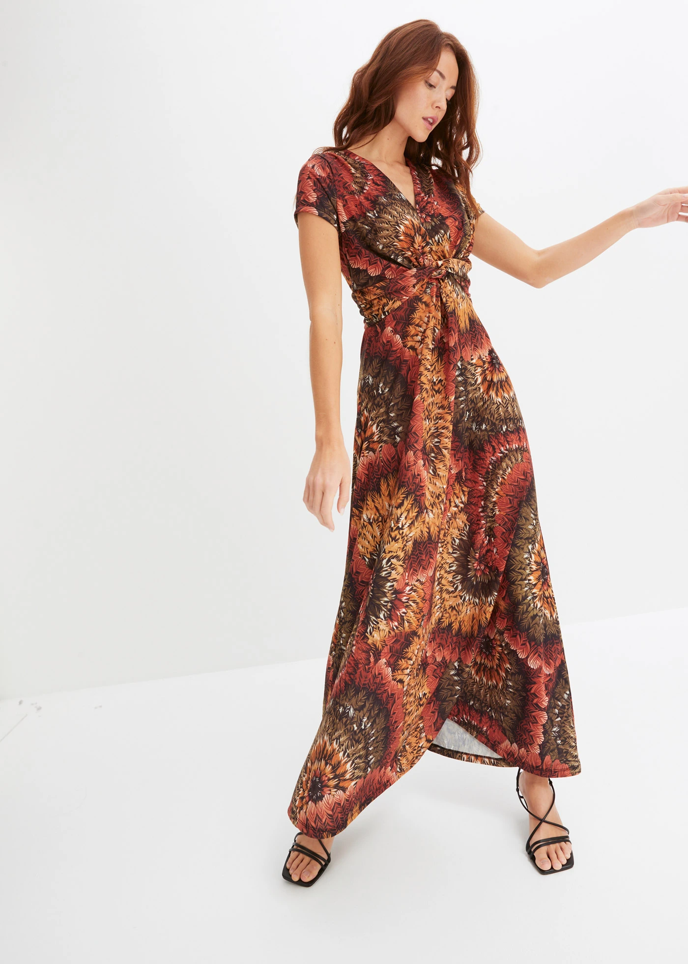 Rochie maxi din jerse cu imprimeu • maro/oliv cu imprimeu • magazin bonprix