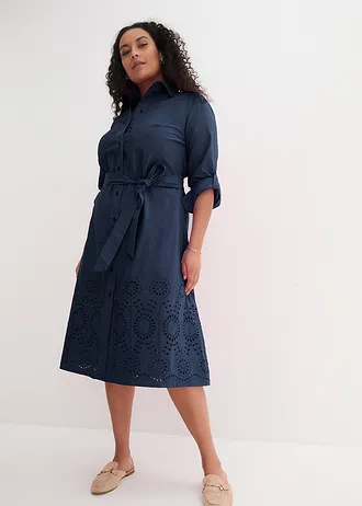 Overhemdjurk met broderie anglaise, Kleur: donkerblauw