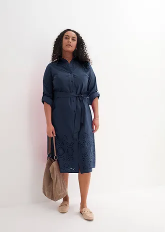 Overhemdjurk met broderie anglaise, Kleur: donkerblauw