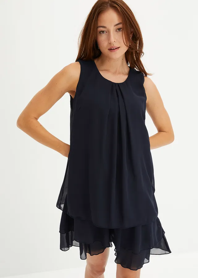 Chiffon jurk van gerecycled polyester, Kleur: donkerblauw