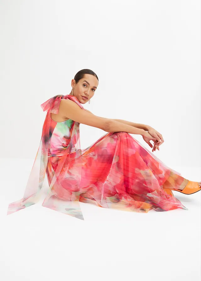 Robe une épaule avec une jupe plissée en tulle, Couleur: magenta/vert
