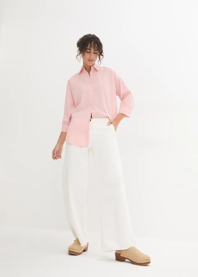 Oversized blouse van katoen met 3/4 mouwen, Kleur: zoet roze