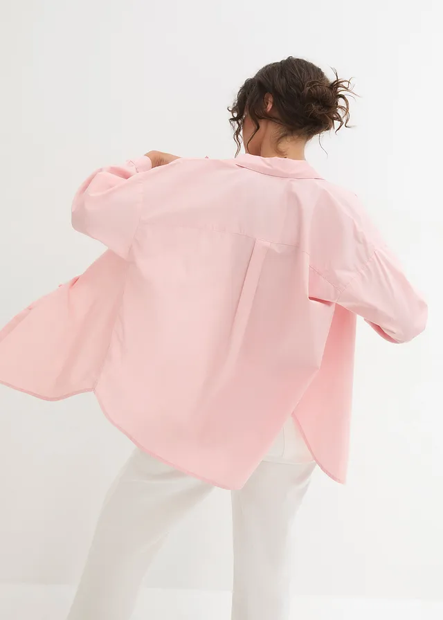 Oversized blouse van katoen met 3/4 mouwen, Kleur: zoet roze