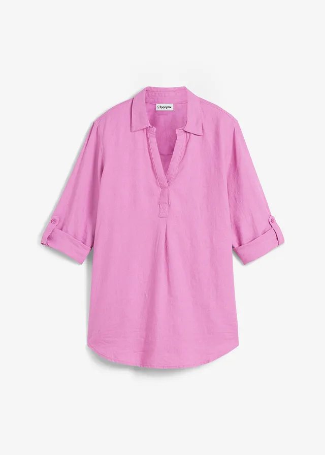 Blouse manches 3/4 en lin mélangé, Couleur: rose lilas