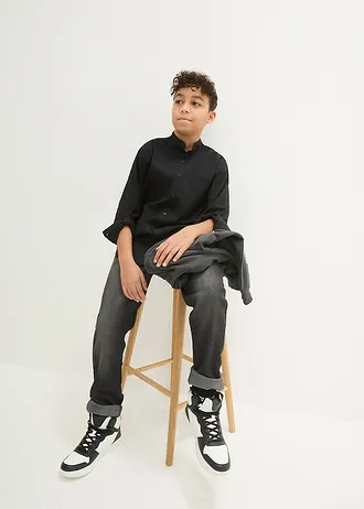 Chemise avec manches à retrousser, 100% coton, Couleur: noir