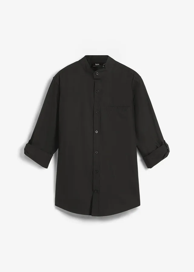 Chemise avec manches à retrousser, 100% coton, Couleur: noir