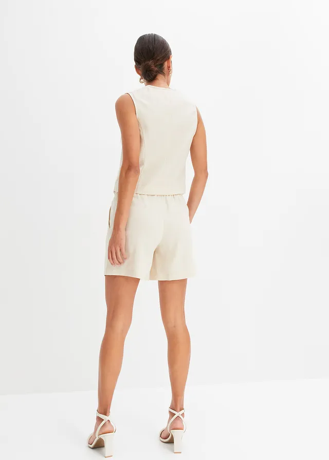 Gilet en short in een linnenmix, Kleur: sandbeige