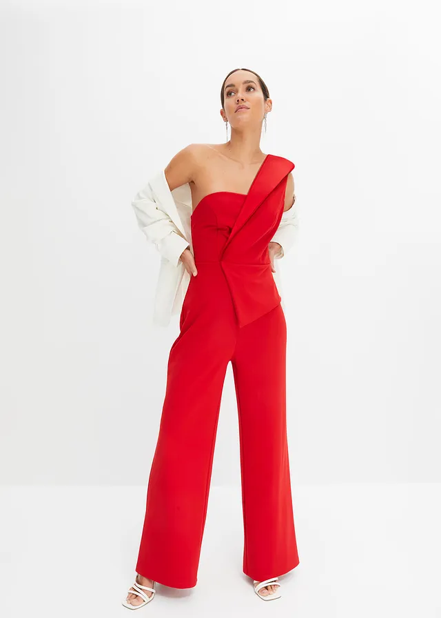 Jumpsuit van crêpe met structuur, Kleur: rood