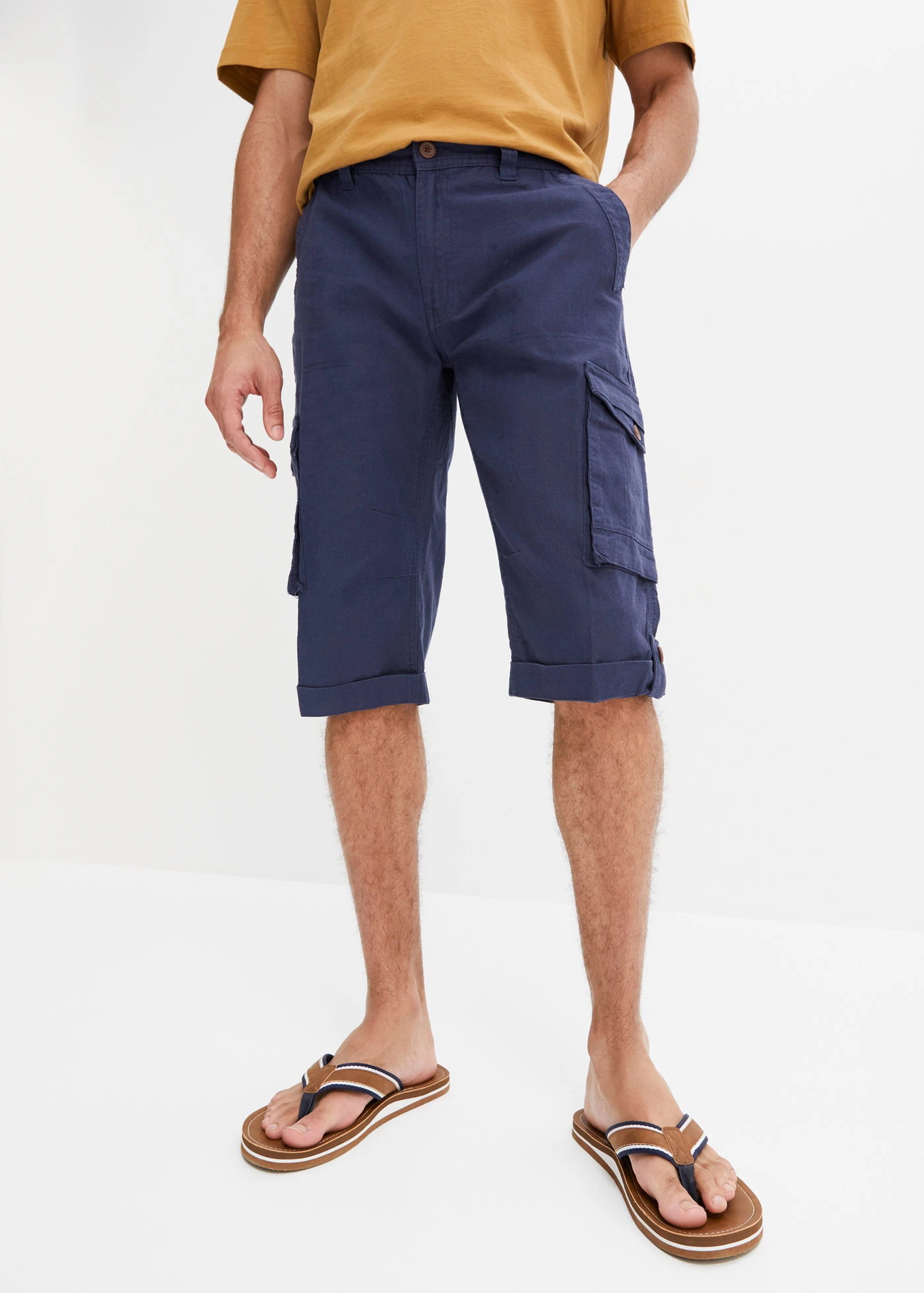 Lange cargo bermuda van een luchtige linnenmix, regular fit • donkerblauw • bonprix online shop