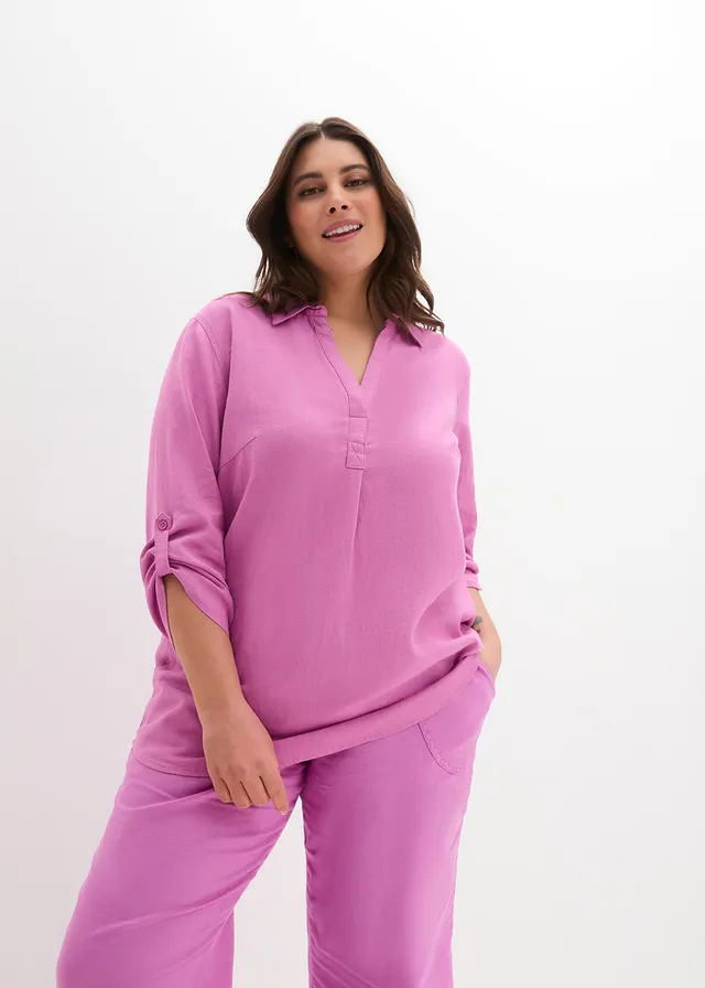 Blouse met linnen en 3/4 mouwen, Kleur: lilapink