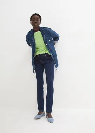 Slim fit jeans mid waist, super stretch, Kleur: donkerblauw denim