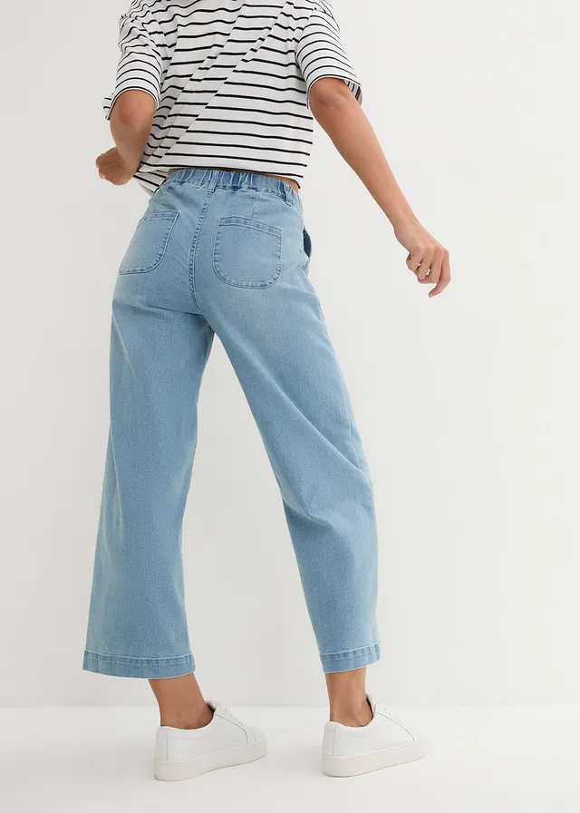 Jean large, taille haute et élastiquée, cropped, Couleur: denim bleu clair