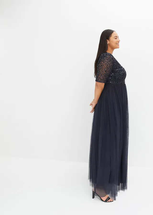 Robe de soirée en tulle avec haut brodé de sequins, Couleur: bleu foncé