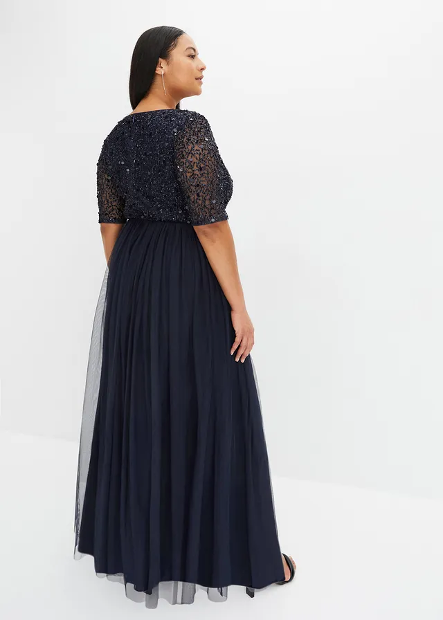 Robe de soirée en tulle avec haut brodé de sequins, Couleur: bleu foncé
